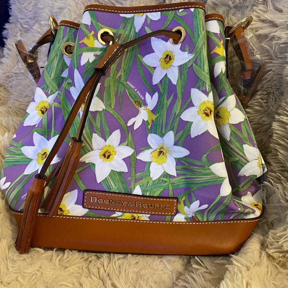 Dooney & Bourke Purple Floral Drawstring Bucket Bag with Brown Trim